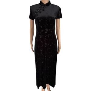 Vintage Black Velvet Cheongsam Whimsigoth Maxi Burnout Devoré Floral Dress Slit